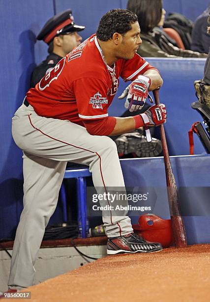 Bobby Abreu of the Los Angeles Angels stands on deck during a MLB game against the Toronto Blue Jays at the Rogers Centre April 18, 2010 in Toronto,...