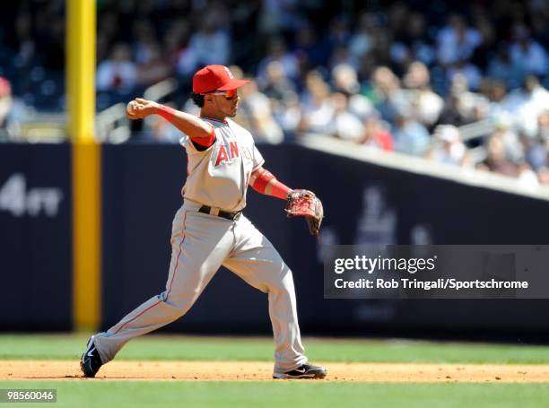 Maicer Izturis of the Los Angeles Angels of Anaheim throws over to first base against the New York Yankees at Yankee Stadium on April 14, 2010 in the...