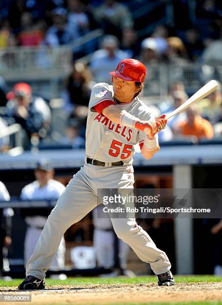 Hideki Matsui of the Los Angeles Angels of Anaheim bats against the New York Yankees at Yankee Stadium on April 14, 2010 in the Bronx borough of...