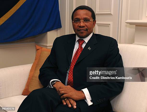 President Jakaya Kikwete poses during an interview as he names Doug Pitt Goodwill Ambassador of the United Republic of Tanzania hosted by President...
