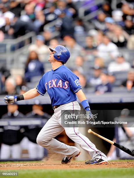 Michael Young of the Texas Rangers bats against the New York Yankees at Yankee Stadium on April 17, 2010 in the Bronx borough of Manhattan.