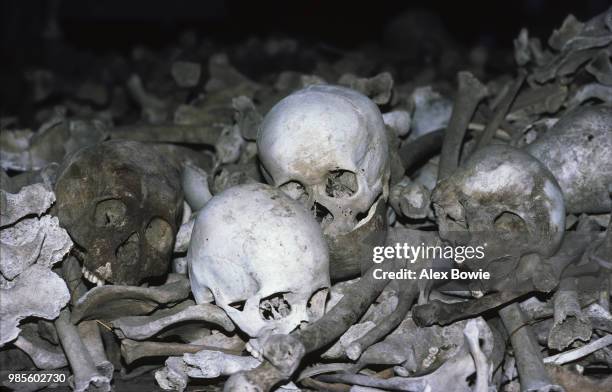 Human remains excavated from the Killing Fields at Choeung Ek where many Cambodians were executed by the Khmer Rouge and buried in mass graves, Phnom...