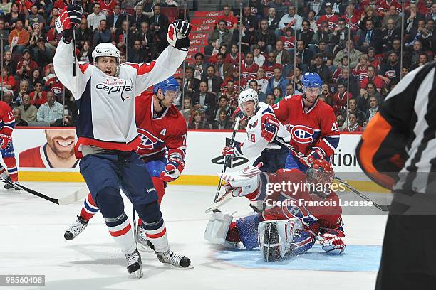Eric Fehr of the Washington Capitals celebrates a goal on goalie Jaroslav Halak of Montreal Canadiens in the Game Three of the Eastern Conference...