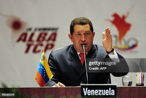 Venezuelan President Hugo Chavez speaks during the inauguration of the Bolivarian Alternative for the Americas Summit on April 19, 2010 in Caracas....