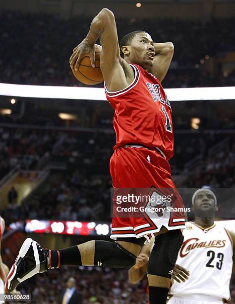 Derrick Rose Chicago Bulls gets in for a dunk in front of LeBron James of the Cleveland Cavaliers in Game Two of the Eastern Conference Quarterfinals...