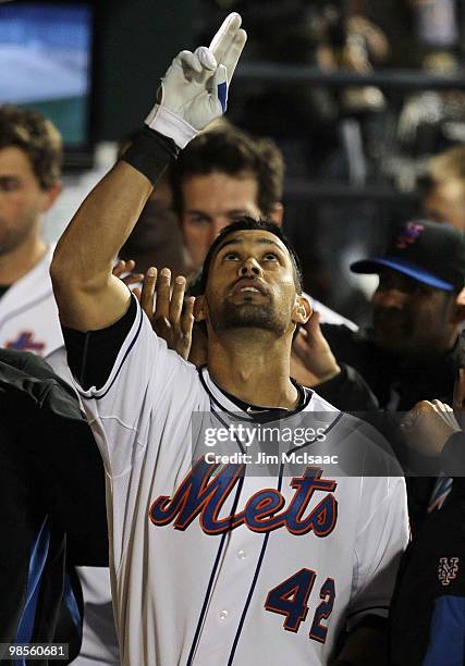 Angel Pagan of the New York Mets celebrates his seventh inning two run home run against the Chicago Cubs on April 19, 2010 at Citi Field in the...
