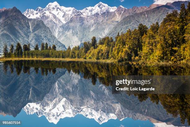 aoraki reflecting on to lake matheson in westland national park, new zealand. - south westland bildbanksfoton och bilder