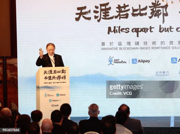 Canning Fok, co-managing director of CK Hutchison Holdings Ltd., speaks during a news conference on June 25, 2018 in Hong Kong, China. China's Ant...