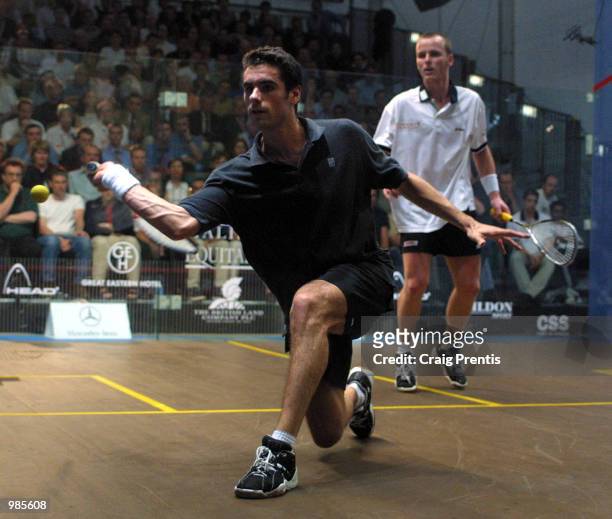 Martin Heath of Scotland [left] in action during his semi-final match with Peter Nicol of England in the Halifax Equitable Super Squash Finals at the...