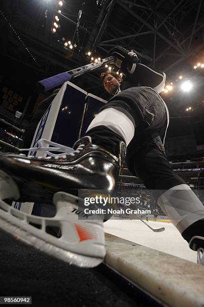 Drew Doughty of the Los Angeles Kings leaves the ice after warming up prior to taking on the Vancouver Canucks in Game Three of the Western...