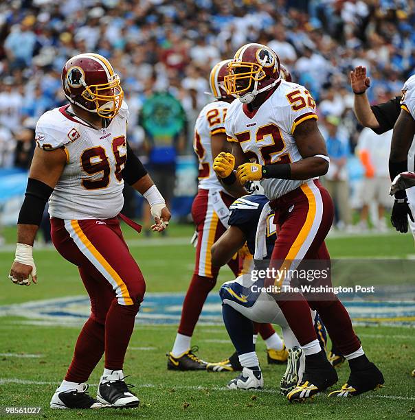 January 3: Washington Redskins Cornelius Griffin and Washington Redskins Rocky McIntosh happy after putting the stop on San Diego Chargers Michael...