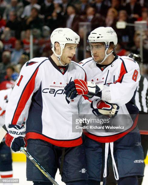 Brooks Laich and Alex Ovechkin talk to each other in Game Three of the Eastern Conference Quarterfinals during the 2010 NHL Stanley Cup Playoffs...