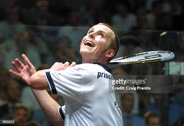 Peter Nicol of England in action during his semi-final match with Martin Heath of Scotland in the Halifax Equitable Super Squash Finals at the...