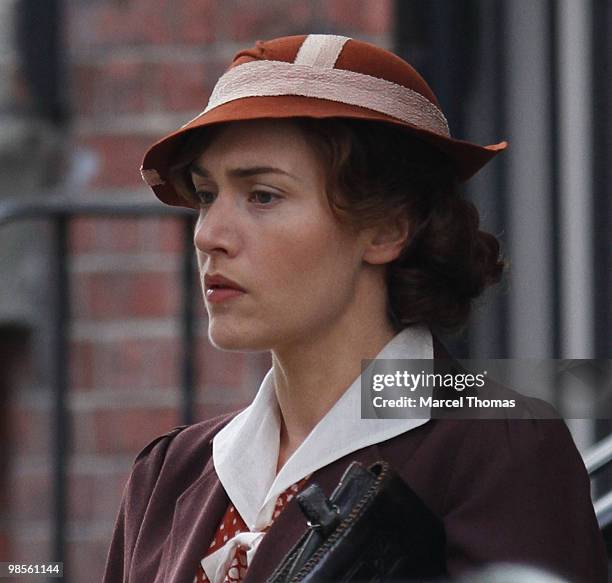 Kate Winslet is seen working on the set of the HBO miniseries "Mildred Pierce" on location in midtown Manhattan on April 19, 2010 in New York City.