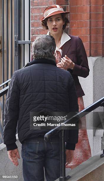 Kate Winslet is seen working on the set of the HBO miniseries "Mildred Pierce" on location in midtown Manhattan on April 19, 2010 in New York City.