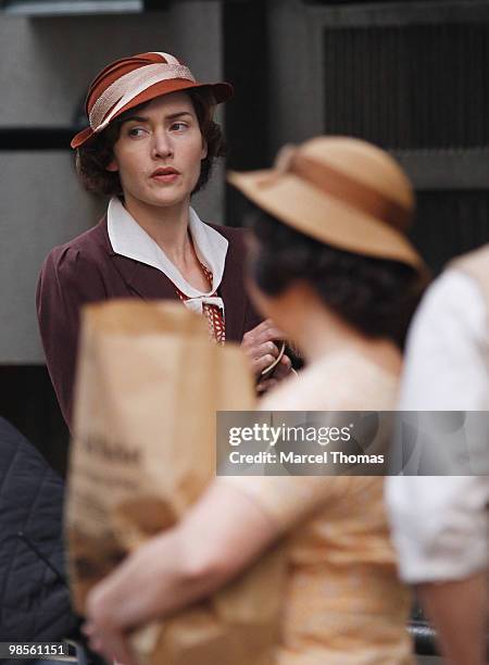 Kate Winslet is seen working on the set of the HBO miniseries "Mildred Pierce" on location in midtown Manhattan on April 19, 2010 in New York City.