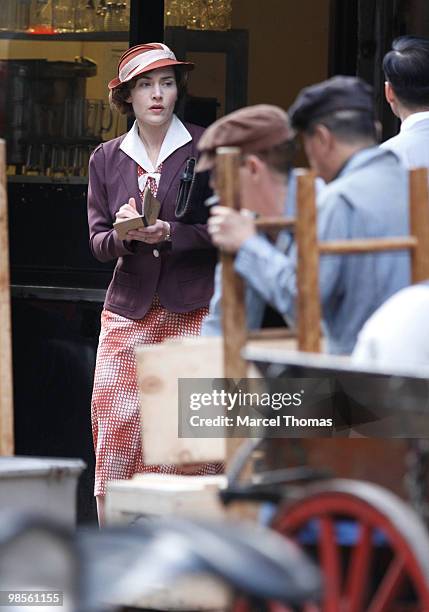 Kate Winslet is seen working on the set of the HBO miniseries "Mildred Pierce" on location in midtown Manhattan on April 19, 2010 in New York City.