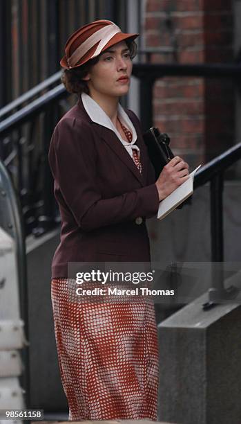 Kate Winslet is seen working on the set of the HBO miniseries "Mildred Pierce" on location in midtown Manhattan on April 19, 2010 in New York City.