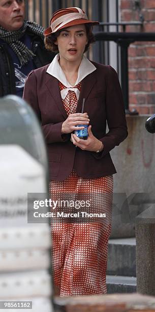 Kate Winslet is seen working on the set of the HBO miniseries "Mildred Pierce" on location in midtown Manhattan on April 19, 2010 in New York City.