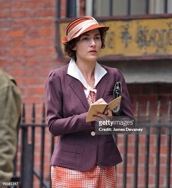Kate Winslet filming on location for "Mildred Pierce" on the streets of Manhattan on April 19, 2010 in New York City.