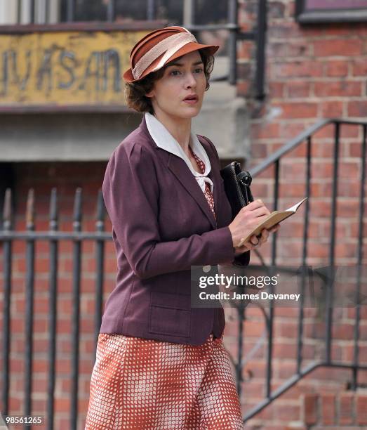 Kate Winslet filming on location for "Mildred Pierce" on the streets of Manhattan on April 19, 2010 in New York City.