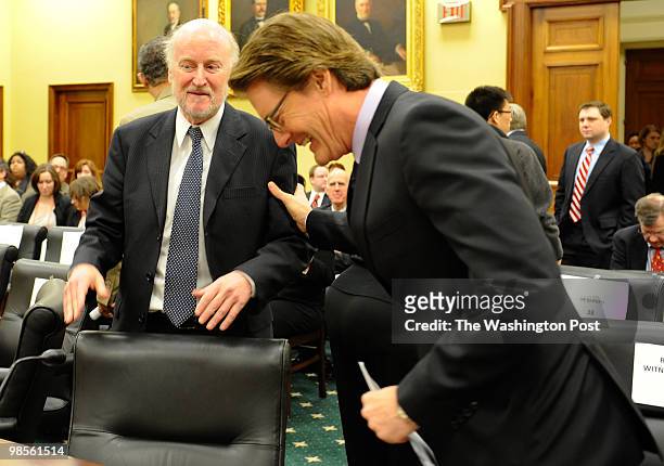Rocco Landesman, Chairman, National Endowment for the Arts , and actor Kyle Maclachlan, greet each other at a hearing before the House Appropriations...