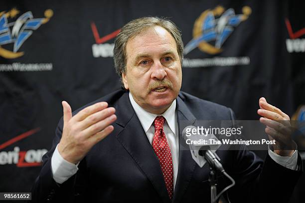 Wizards Ernie Grunfeld holds a press conference concerning Gilbert Arenas before The Washington Wizards vs the Utah Jazz in NBA Basketballat the...