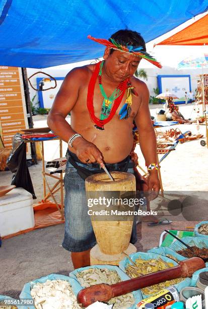 indigenous amazonian shaman preparing healing herbs. - traditional native american medicine stock pictures, royalty-free photos & images