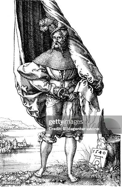 Fahnentraeger, officer candidate, of the Landsknecht foot soldiers, 15th century, Germany, facsimile of a copper engraving by Heinrich Aldegrever,...