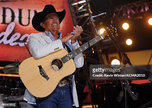 Musician George Strait performs onstage during Brooks & Dunn's The Last Rodeo Show at MGM Grand Garden Arena on April 19, 2010 in Las Vegas, Nevada.