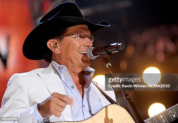 Musician George Strait performs onstage during Brooks & Dunn's The Last Rodeo Show at MGM Grand Garden Arena on April 19, 2010 in Las Vegas, Nevada.