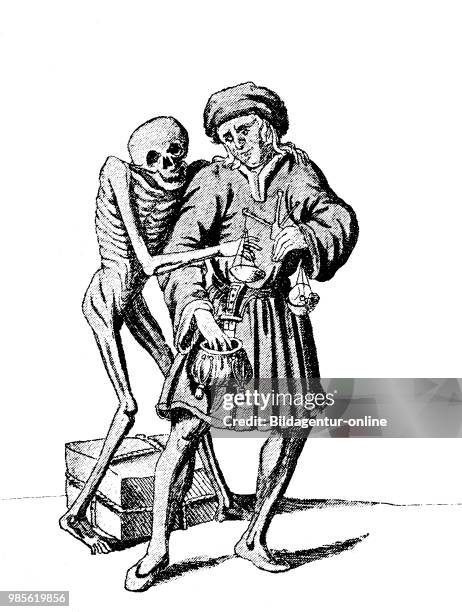 The death and the merchant, from the from the Dance of Death, also called Danse Macabre, Basel, Basle, Switzerland, painting in gothic style, digital...