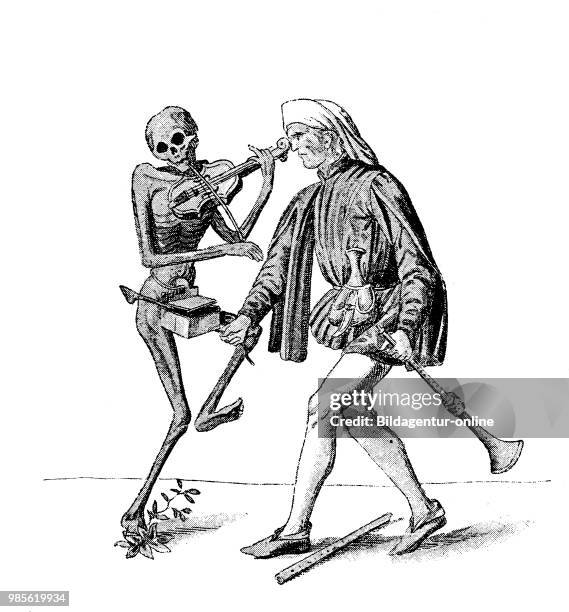 The death and the spelman, musican, from the Dance of Death, also called Danse Macabre, Basel, Basle Switzerland, painting in gothic style, digital...