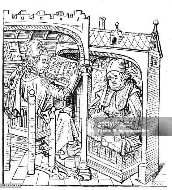 Scholars study at reading desks, from the medieval Hausbuch from the 15th century, Germany. The medieval Hausbuch of Wolfegg Castle is an illustrated...