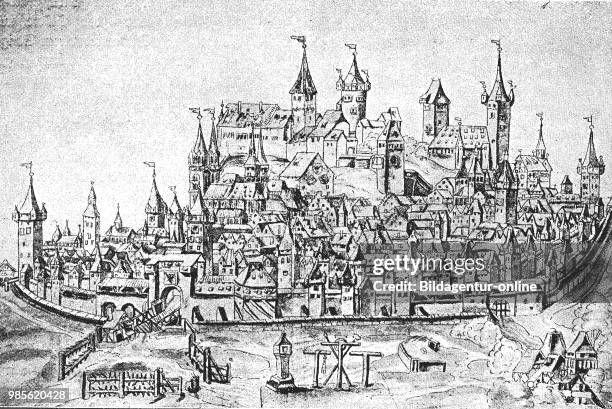 The view of the city of Nuremberg in the 15th century, Germany, digital improved reproduction of a woodcut publication in the year 1885.