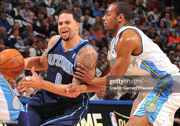 Deron Williams of the Utah Jazz goes to the basket against Aaron Afflalo of the Denver Nuggets in Game Two of the Western Conference Quarterfinals...