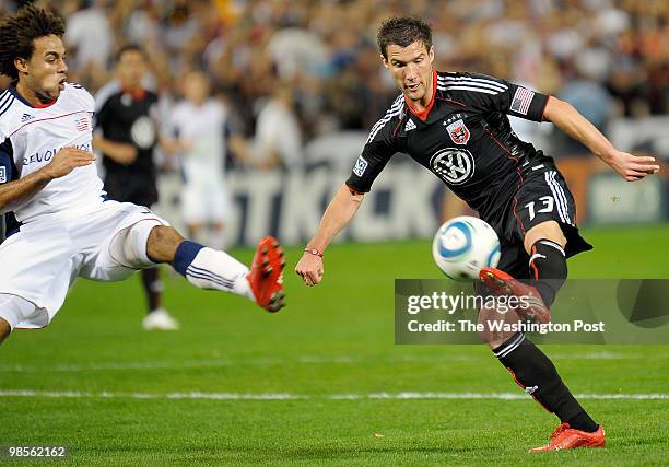T oR: NE's Kevin Alston disrupts Unteds Chris Pontius point blank shot at the goal as the DC United lose to the New England Revolution 2 - 0 in MLS...