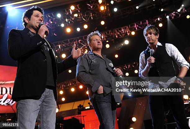 Musicians Jay DeMarcus, Gary LeVox and Joe Don Rooney of Rascal Flatts perform onstage during Brooks & Dunn's The Last Rodeo Show at MGM Grand Garden...