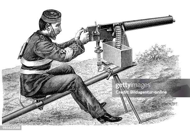 Cannon from the 19th century and earlier: Maxim-Mitrailleuse, mitrailleuse, a type of volley gun with multiple barrels of rifle calibre that can fire...