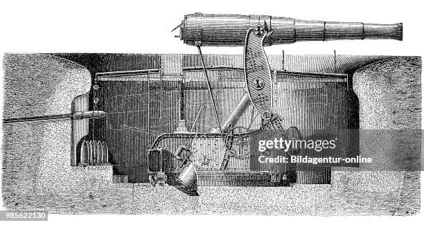 Cannon from the 19th century and earlier: Armstrong 20 cm Kanone L/30 in Verschwindelafette, gun carriage, digital improved reproduction of an...