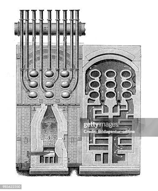 Gas lighting in the 19th century: Gaserzeugungsofen, System Schilling-Bunte, Querschnitt, digital improved reproduction of an original print from the...
