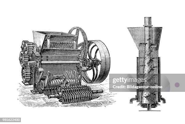 Sugar refinery in the 19th century: Fuellmassemaischmaschine und Schnitzelpresse, filling compound mixing machine and schnitzel press.