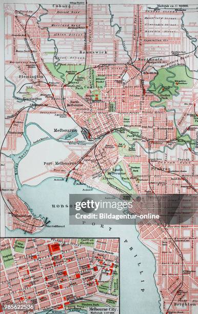 City map from the year 1892: Melbourne, Australia, digital improved reproduction of an original print from the year 1895.