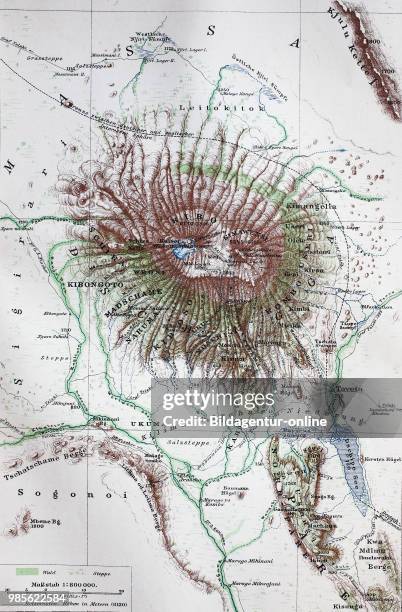 Map from the year 1892: Mount Kilimanjaro, Tanzania, digital improved reproduction of an original print from the year 1895.