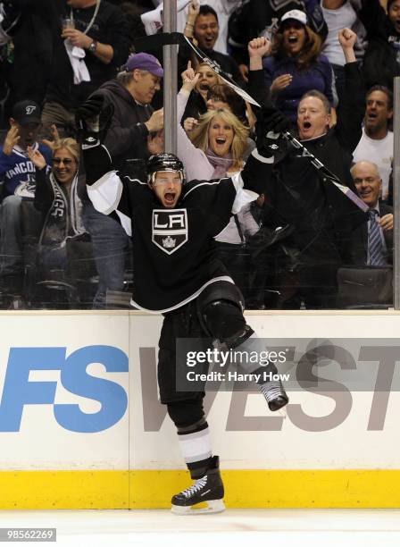 Brad Richardson of the Los Angeles Kings celebrates his goal for a 4-1 lead over the Vancouver Canucks during the second period in game three of the...