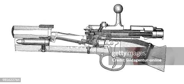 German infantry rifle 71.84, closed to the magazin fire, Handfeuerwaffen 1895: deutsches Infanteriegewehr 71.84, Schloss zum Magazinfeuer gestellt.