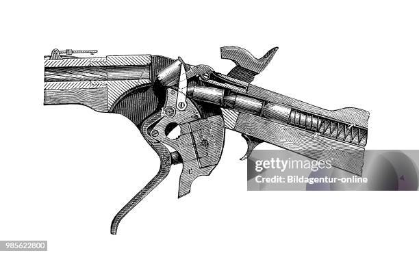 American spencer gun, opened, Handfeuerwaffen 1895: amerikanisches Spencer-Gewehr, geoeffnet.
