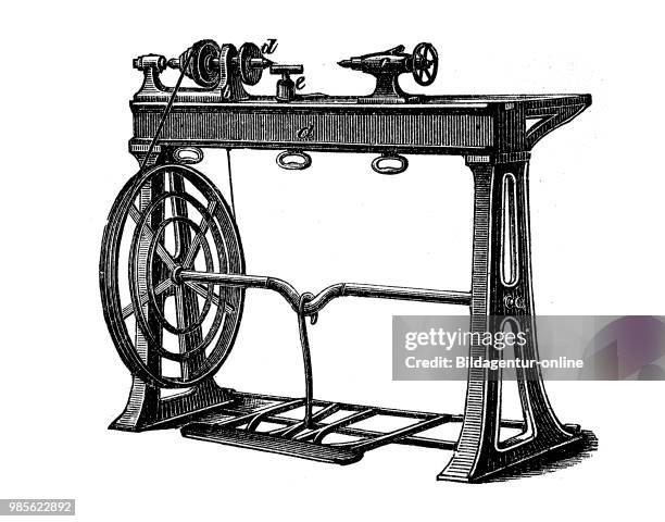 Industrial machines 1890: lathe, Drehbank, digital improved reproduction of an original print from the 19th century.