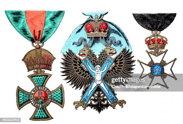 Ornaments, decorations, medals and awards 1890: Stephansorden aus Ungarn, Andreasorden aus Russland, Nordstern aus Schweden, digital improved...