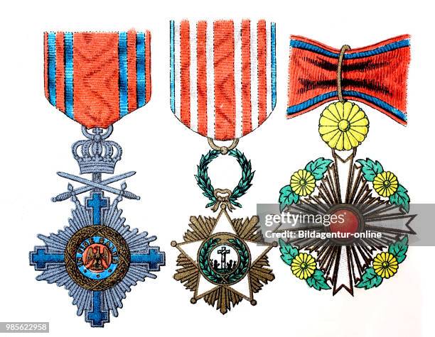 Ornaments, decorations, medals and awards 1890: Stern von Rumaenien, Orden der afrikanischen Befreiung aus Liberia, Chrysanthemumorden aus Japan,...